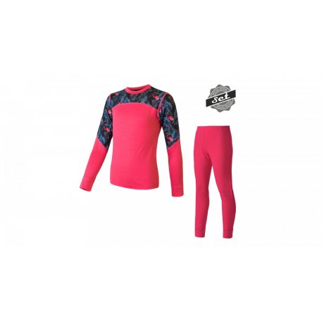 SENSOR MERINO IMPRESS SET dětský triko dl.rukáv + spodky magenta/floral